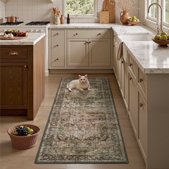 FEELHOME 2'x6' Runner Rugs Washable Carpet Vintage Medallion Non Slip Soft Carpet Indoor Runner for Bedroom Hallway Kitchen Entryway Laundry Brown