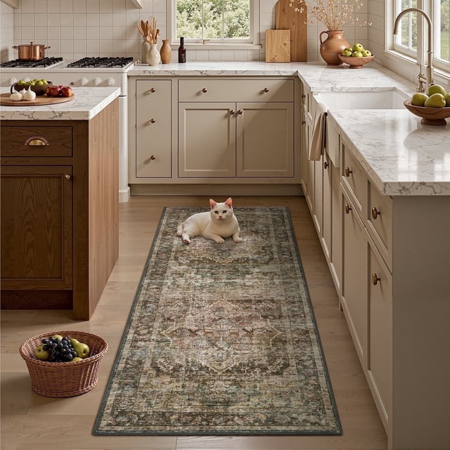 FEELHOME 2'x6' Runner Rugs Washable Carpet Vintage Medallion Non Slip Soft Carpet Indoor Runner for Bedroom Hallway Kitchen Entryway Laundry Brown
