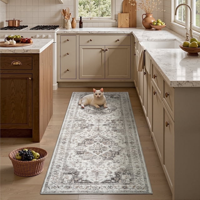 FEELHOME 2'x6' Runner Rugs Washable Carpet Vintage Medallion Non Slip Soft Carpet Indoor Runner for Bedroom Hallway Kitchen Entryway Laundry Gray