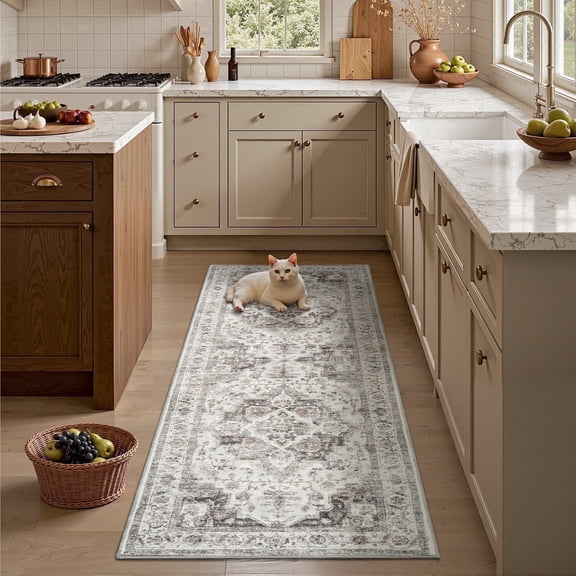 FEELHOME 2'x6' Runner Rugs Washable Carpet Vintage Medallion Non Slip Soft Carpet Indoor Runner for Bedroom Hallway Kitchen Entryway Laundry Gray