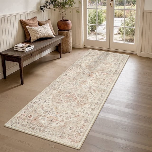 FEELHOME 2'x6' Runner Rugs Washable Carpet Vintage Medallion Non Slip Soft Carpet Indoor Runner for Bedroom Hallway Kitchen Entryway Laundry Taupe
