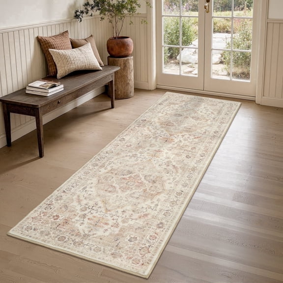 FEELHOME 2'x6' Runner Rugs Washable Carpet Vintage Medallion Non Slip Soft Carpet Indoor Runner for Bedroom Hallway Kitchen Entryway Laundry Taupe
