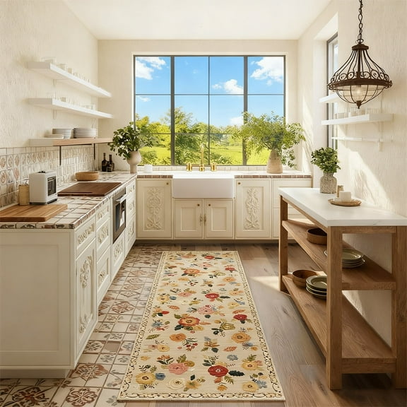 2'x6' Floral Living Room Rug, Soft Washable Area Rug 2'x6', Stain-resistant Non-slip Bohemian Bedroom Rug, Beige Floral