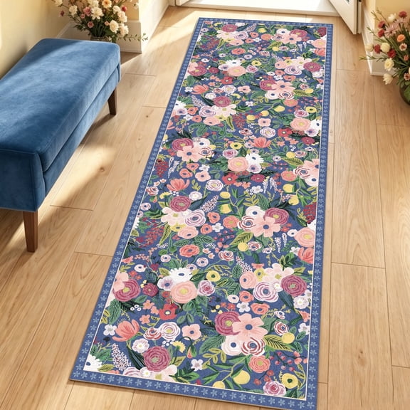 2'x6' Floral Runner Rug,Non Slip Washable Boho Hallway Runner Rug with Rubber Backing,Soft Faux Wool Kitchen Runner,Low-Pile Carpet for Bedroom, Entrance