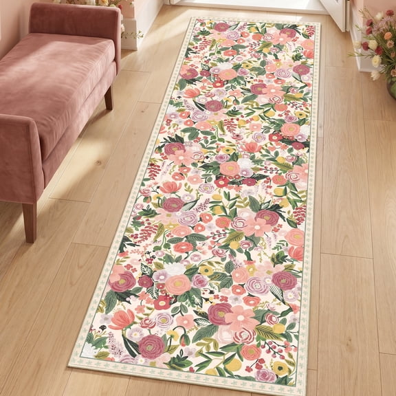 2'x6' Floral Runner Rug,Non Slip Washable Boho Hallway Runner Rug with Rubber Backing,Soft Faux Wool Kitchen Runner,Low-Pile Carpet for Bedroom, Entrance