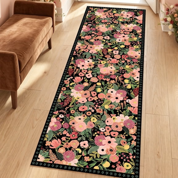 2'x6' Floral Runner Rug,Non Slip Washable Boho Hallway Runner Rug with Rubber Backing,Soft Faux Wool Kitchen Runner,Low-Pile Carpet for Bedroom, Entrance