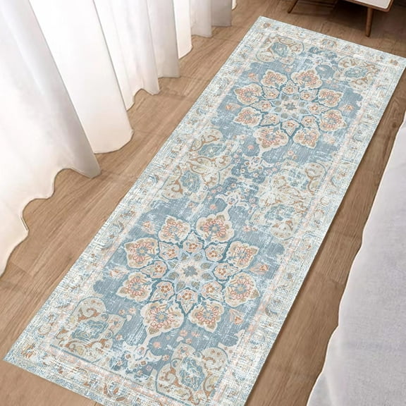 2'x6' Floral Washable Kitchen Runner Rug,Hallway Entryway Runner Rug, Oriental Medallion Distressed Non-Slip Mat, Bohemian Low-Pile Floor Carpet Runners for Bathroom Laundry Bedside