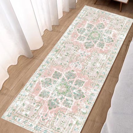 2'x6' Floral Washable Kitchen Runner Rug,Hallway Entryway Runner Rug, Oriental Medallion Distressed Non-Slip Mat, Bohemian Low-Pile Floor Carpet Runners for Bathroom Laundry Bedside
