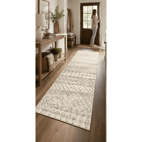 2'x6' Hallway Runner Rug Washable - Non Slip Low Pile Runner Carpet with Rubber Backing Farmhouse Kitchen Mat Beige, Indoor Rug for Front Door Living Room Entryway Floor Decor