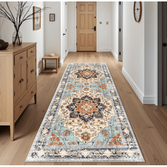 2'x6' Kitchen Runner Rug,Non-Slip Entryway Runner Laundry Rug,Boho Indoor Machine Washable Hallway Runner Rugs Throw Carpet for Living Room Bedroom Dining Room Hallway Kitchen Orange/Blue