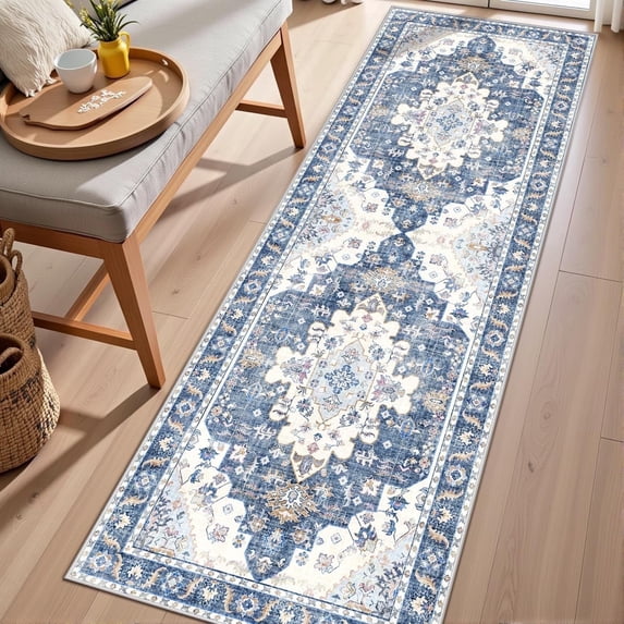 2'x6' Kitchen Runner Rug,Non-Slip Entryway Runner Laundry Rug,Boho Indoor Machine Washable Hallway Runner Rugs Throw Carpet for Living Room Bedroom Dining Room Hallway Kitchen Navy Blue