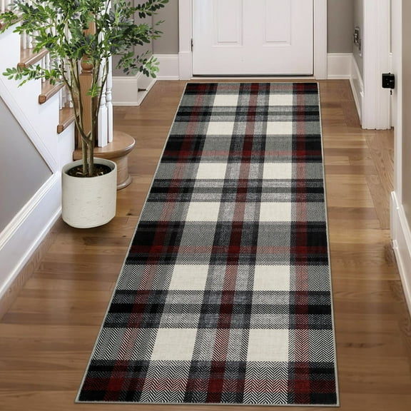 2'x6' Modern Washable Runner Rug Tartan Ultra Soft Rug for Bedroom Farmhouse Non Slip Throw Rugs for Hallways Kitchen Laundry Bathroom