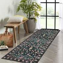 2'x6' Retro Boho Runner Rug, Mottled Flowers Non-Shedding Low Pile, Washable Carpet for Entryway, Bedroom & Office Black