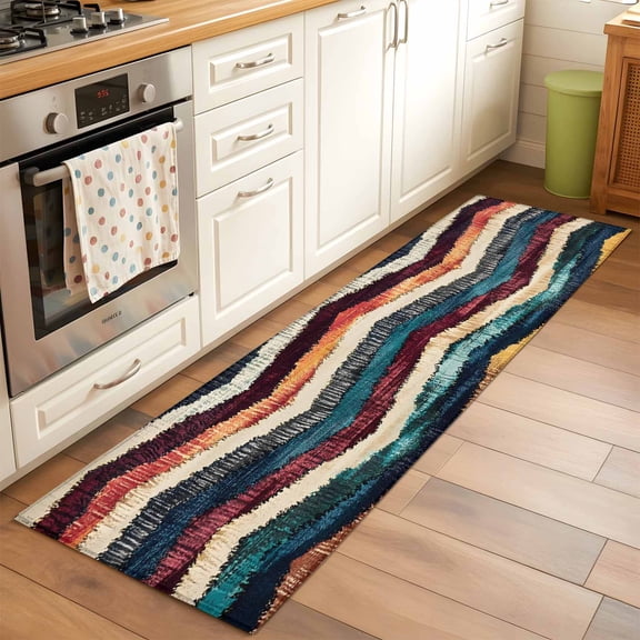 2'x6' Rug Runners for Hallways Kitchen, Abstract Modern Waves Non Slip Entryway Beside Floor Carpet Runner, Color Block Artwork Washable Laundry Room Bedroom Throw Rugs Mat for Family Pet