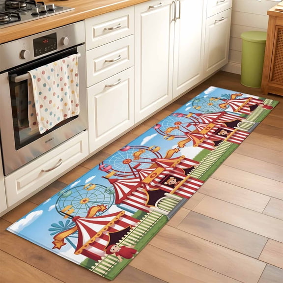 2'x6' Rug Runners for Hallways Kitchen, Amusement Park Non Slip Entryway Beside Floor Carpet Runner, Cute Cartoon Wheelwheels Circus Washable Laundry Room Bedroom Throw Rugs Mat for Family Pet