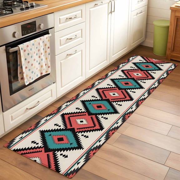 2'x6' Rug Runners for Hallways Kitchen, Aztec Southwest Non Slip Entryway Beside Floor Carpet Runner, Geometric Red Blue Tribes Retro Washable Laundry Room Bedroom Throw Rugs Mat for Family Pet