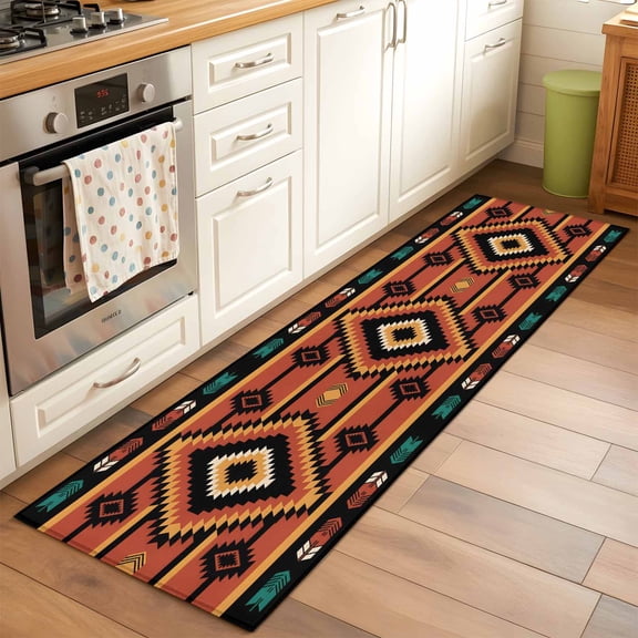 2'x6' Rug Runners for Hallways Kitchen, Aztec Southwest Non Slip Entryway Beside Floor Carpet Runner, Orange Black Boho Tribes Abstract Washable Laundry Room Bedroom Throw Rugs Mat for Family Pet