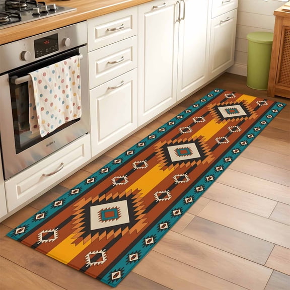 2'x6' Rug Runners for Hallways Kitchen, Aztec Southwest Non Slip Entryway Beside Floor Carpet Runner, Orange Red Geometric Tribe Vintage Washable Laundry Room Bedroom Throw Rugs Mat for Family Pet