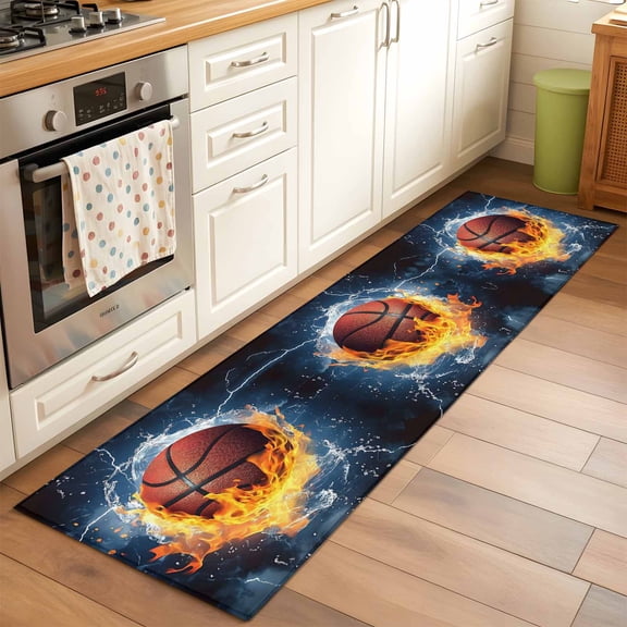 2'x6' Rug Runners for Hallways Kitchen, Basketball Non Slip Entryway Beside Floor Carpet Runner, Blue Red Water Fire Splashing Washable Laundry Room Bedroom Throw Rugs Mat for Family Pet