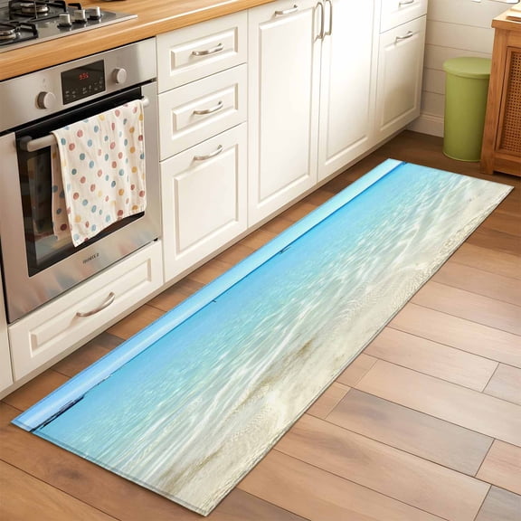 2'x6' Rug Runners for Hallways Kitchen, Beach Ocean Non Slip Entryway Beside Floor Carpet Runner, Blue Sky Sea Waves Nature Landscape Washable Laundry Room Bedroom Throw Rugs Mat for Family Pet