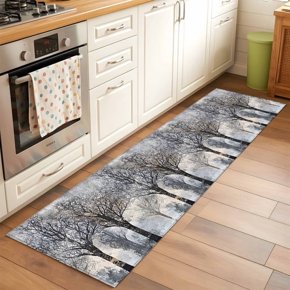 2'x6' Rug Runners for Hallways Kitchen, Black Grey Forest Non Slip Entryway Beside Floor Carpet Runner, Vintage Watercolor Tree Tunk Washable Laundry Room Bedroom Throw Rugs Mat for Family Pet