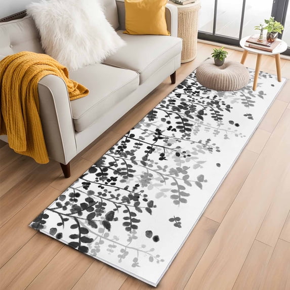 2'x6' Rug Runners for Hallways Kitchen, Black Leaves Non Slip Entryway Beside Floor Carpet Runner, Summer Botanical Washable Laundry Room Bedroom Throw Rugs Mat for Family Pet