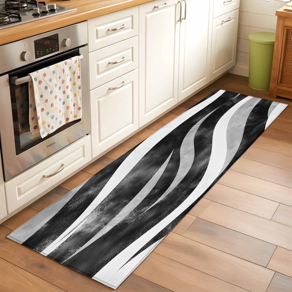 2'x6' Rug Runners for Hallways Kitchen, Black Waves Non Slip Entryway Beside Floor Carpet Runner, Ombre Sea Ripples Shabby Beach Washable Laundry Room Bedroom Throw Rugs Mat for Family Pet