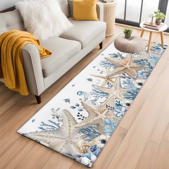 2'x6' Rug Runners for Hallways Kitchen, Blue Beige Coastal Non Slip Entryway Beside Floor Carpet Runner, Beach Starfish Summer Eucalyptus Washable Laundry Room Bedroom Throw Rugs Mat for Family Pet