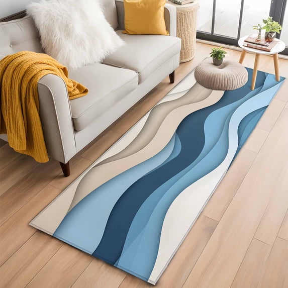 2'x6' Rug Runners for Hallways Kitchen, Blue Beige Ombre Non Slip Entryway Beside Floor Carpet Runner, Modern Abstract Aesthetics Geometric Washable Laundry Room Bedroom Throw Rugs Mat for Family Pet