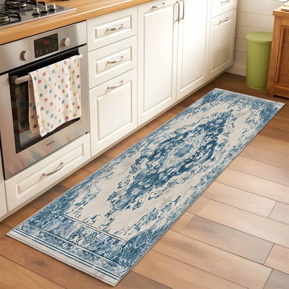 2'x6' Rug Runners for Hallways Kitchen, Blue Boho Non Slip Entryway Beside Floor Carpet Runner, Retro Southwestern Ethnic Geometric Washable Laundry Room Bedroom Throw Rugs Mat for Family Pet