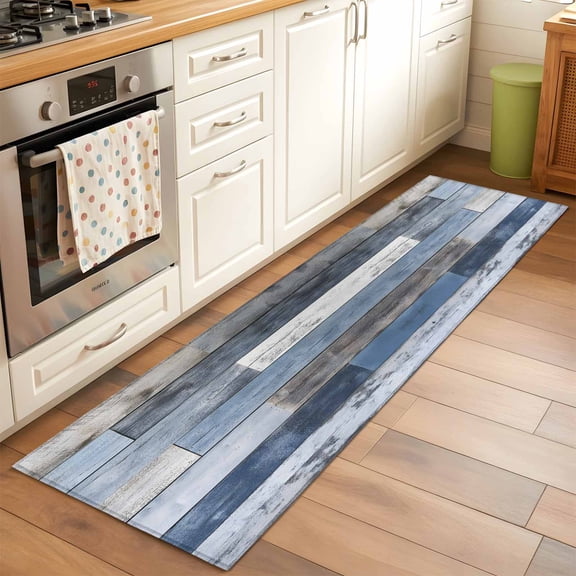 2'x6' Rug Runners for Hallways Kitchen, Blue Brown Farmhouse Non Slip Entryway Beside Floor Carpet Runner, Vintage Wooden Country Washable Laundry Room Bedroom Throw Rugs Mat for Family Pet