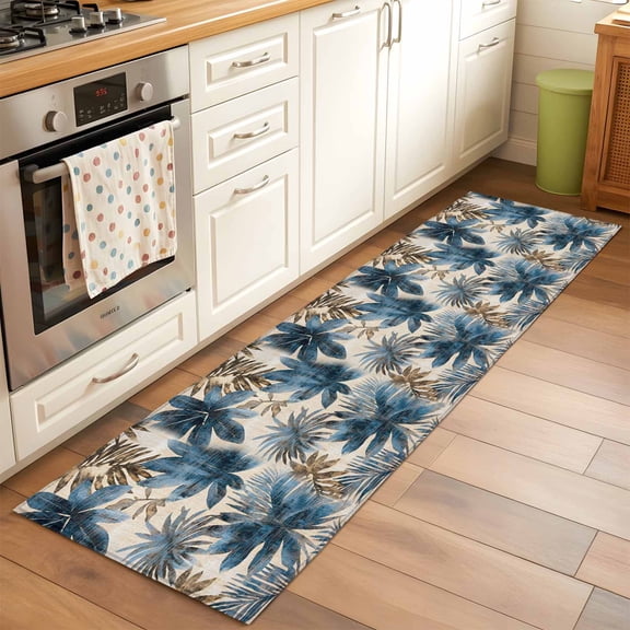 2'x6' Rug Runners for Hallways Kitchen, Blue Brown Palm Leaf Non Slip Entryway Beside Floor Carpet Runner, Rustic Summer Botanical Elegant Washable Laundry Room Bedroom Throw Rugs Mat for Family Pet