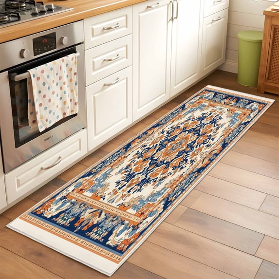 2'x6' Rug Runners for Hallways Kitchen, Blue Burnt Orange Boho Non Slip Entryway Beside Floor Carpet Runner, Antique Southwestern Art Washable Laundry Room Bedroom Throw Rugs Mat for Family Pet