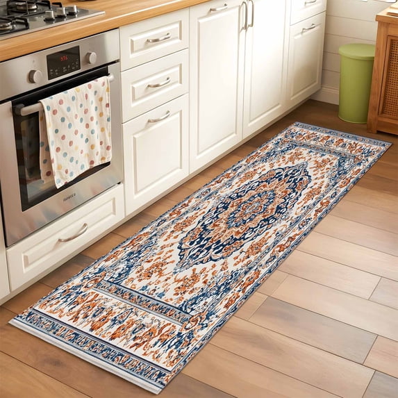 2'x6' Rug Runners for Hallways Kitchen, Blue Burnt Orange Boho Non Slip Entryway Beside Floor Carpet Runner, Antique Southwestern Ethnic Washable Laundry Room Bedroom Throw Rugs Mat for Family Pet
