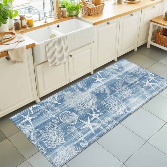 2'x6' Rug Runners for Hallways Kitchen, Blue Coastal Non Slip Entryway Beside Floor Carpet Runner, Nautical Coral Starfish Shell Seahorse Ocean Washable Laundry Room Bedroom Throw Rugs Mat