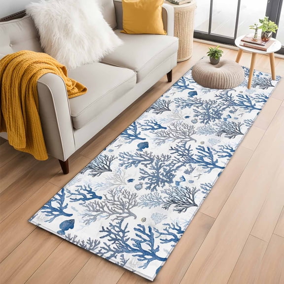 2'x6' Rug Runners for Hallways Kitchen, Blue Coastal Non Slip Entryway Beside Floor Carpet Runner, Summer Nautical Ocean Beach Coral Fish Washable Laundry Room Bedroom Throw Rugs Mat for Family Pet