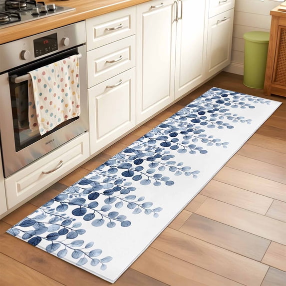 2'x6' Rug Runners for Hallways Kitchen, Blue Eucalyptus Leaves Non Slip Entryway Beside Floor Carpet Runner, Watercolor Floral Leaf Plants Washable Laundry Room Bedroom Throw Rugs Mat for Family Pet