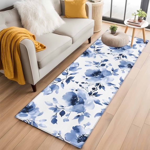 2'x6' Rug Runners for Hallways Kitchen, Blue Floral Spring Non Slip Entryway Beside Floor Carpet Runner, Retro Summer Botanical Watercolor Washable Laundry Room Bedroom Throw Rugs Mat for Family Pet