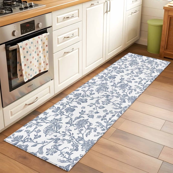 2'x6' Rug Runners for Hallways Kitchen, Blue Flower Non Slip Entryway Beside Floor Carpet Runner, Vintage Farmhouse Boho Leaf Spring Summer Washable Laundry Room Bedroom Throw Rugs Mat for Family Pet
