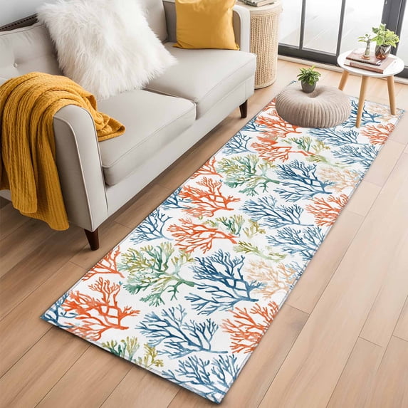 2'x6' Rug Runners for Hallways Kitchen, Blue Green Orange Coastal Non Slip Entryway Beside Floor Carpet Runner, Summer Beach Coral Washable Laundry Room Bedroom Throw Rugs Mat for Family Pet