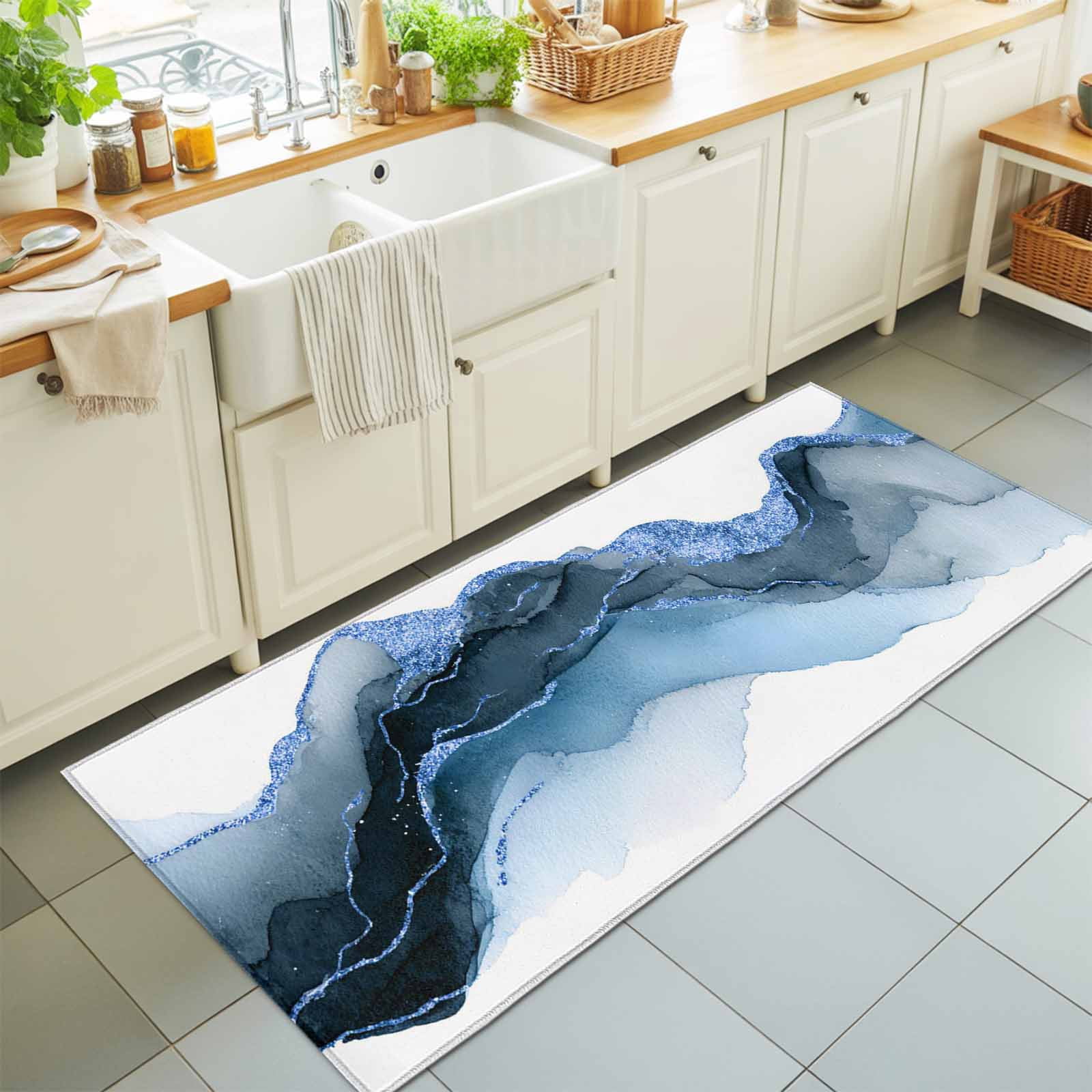 2'x6' Rug Runners for Hallways Kitchen, Blue Marble Non Slip Entryway ...