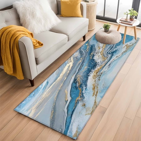 2'x6' Rug Runners for Hallways Kitchen, Blue Marble Non Slip Entryway Beside Floor Carpet Runner, Modern Contemporary Luxury Yellow Washable Laundry Room Bedroom Throw Rugs Mat for Family Pet