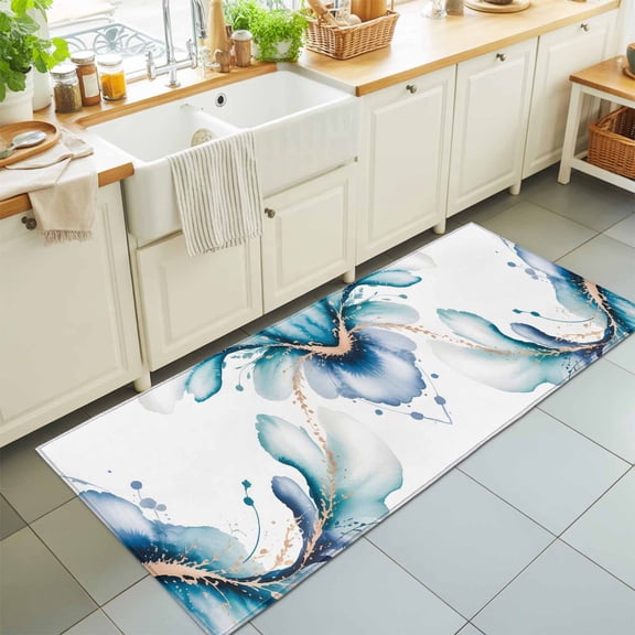 2'x6' Rug Runners for Hallways Kitchen, Blue Marble Stone Non Slip Entryway Beside Floor Carpet Runner, White Ink Splash Farm Marble Abstract Washable Laundry Room Bedroom Throw Rugs Mat