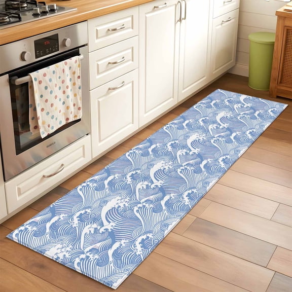 2'x6' Rug Runners for Hallways Kitchen, Blue Ocean Waves Non Slip Entryway Beside Floor Carpet Runner, Abstract Art Moire Seaside Washable Laundry Room Bedroom Throw Rugs Mat for Family Pet