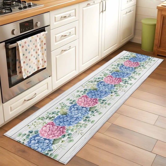 2'x6' Rug Runners for Hallways Kitchen, Blue Pink Hydrangea Non Slip Entryway Beside Floor Carpet Runner, Eucalyptus Leaves Wooden Summer Botanical Laundry Room Bedroom Throw Rugs Mat for Family Pet