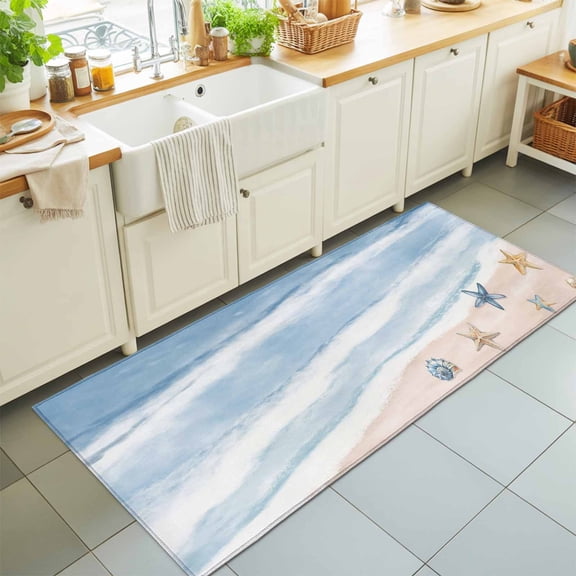 2'x6' Rug Runners for Hallways Kitchen, Blue Summer Beach Non Slip Entryway Beside Floor Carpet Runner, Coastal Waves Ocean Starfish Conch Washable Laundry Room Bedroom Throw Rugs Mat for Family Pet