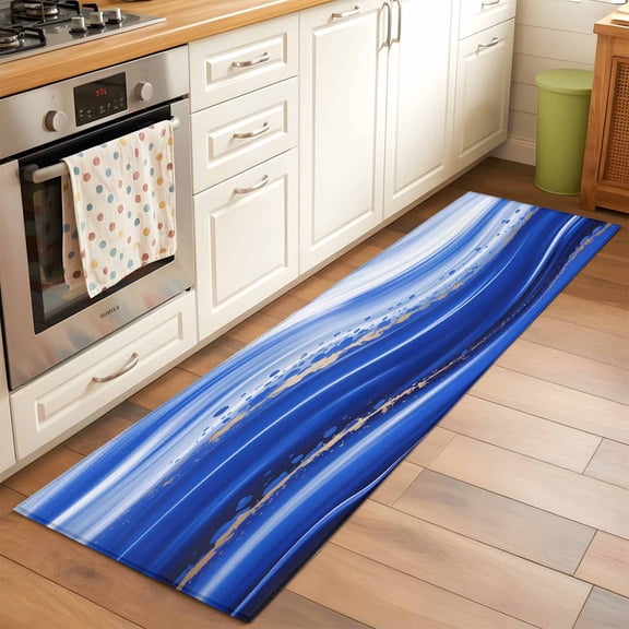 2'x6' Rug Runners for Hallways Kitchen, Blue Waves Abstract Non Slip Entryway Beside Floor Carpet Runner, Ocean Fluid Gradient Luxury Washable Laundry Room Bedroom Throw Rugs Mat for Family Pet