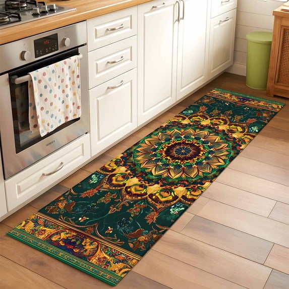 2'x6' Rug Runners for Hallways Kitchen, Bohemian Flower Non Slip Entryway Beside Floor Carpet Runner, Colorful Yellow Boho Rustic Tribal Washable Laundry Room Bedroom Throw Rugs Mat for Family Pet