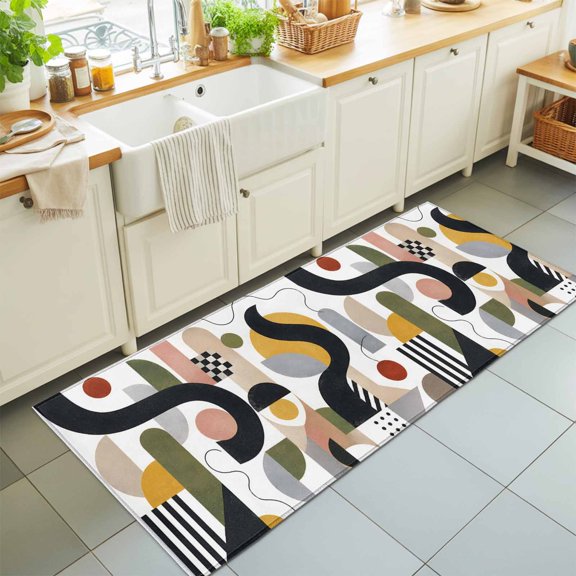 2'x6' Rug Runners for Hallways Kitchen, Boho Abstract Non Slip Entryway Beside Floor Carpet Runner, Modern Geometric Pink Green Stripe Circle Forms Washable Laundry Room Bedroom Throw Rugs Mat