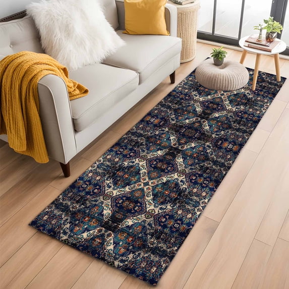 2'x6' Rug Runners for Hallways Kitchen, Boho Black Blue Non Slip Entryway Beside Floor Carpet Runner, Modern Abstract Geometric Retro Washable Laundry Room Bedroom Throw Rugs Mat for Family Pet